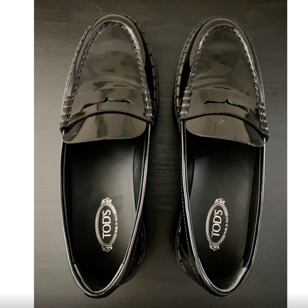 TOD'S Penny Loafer Platform Black Patent Leather Women Shoes